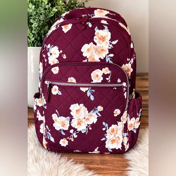 🌸 Quilted Floral Backpack – Burgundy Multi Pocket Travel/Everyday Bag/small 🌸 - Picture 3 of 14